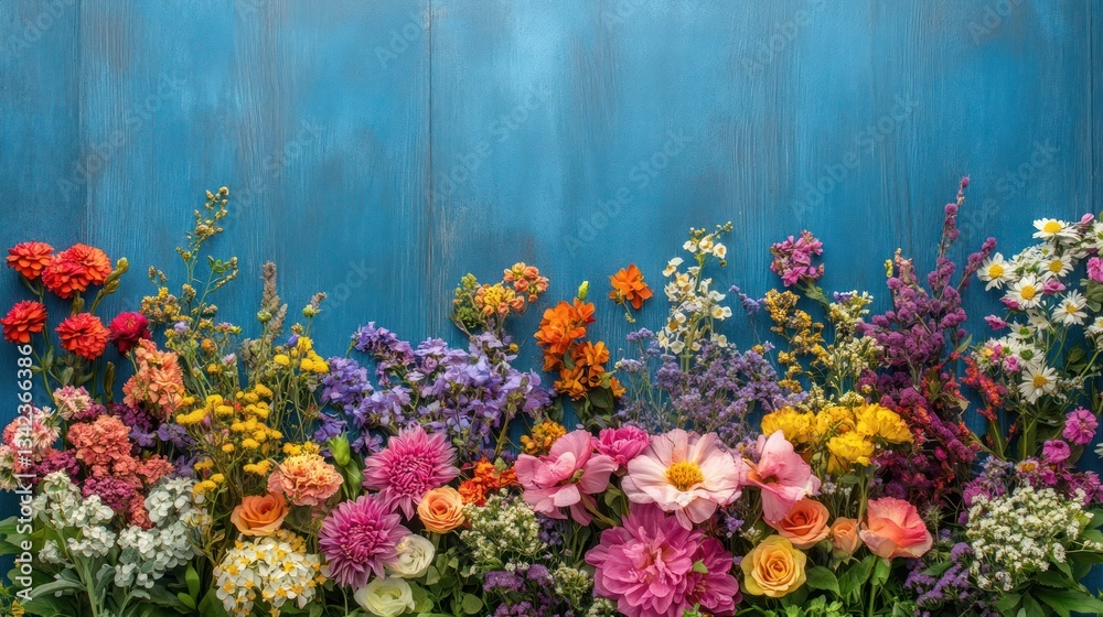 Obraz premium Colorful wildflowers bloom on blue wood background