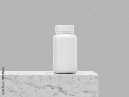 White Plastic Pill Bottle with Blank Label on Marble Surface