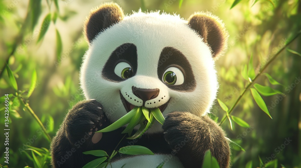 Obraz premium Cartoon panda eating bamboo in a lush forest. Possible use children's book illustration
