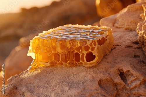 Golden honeycomb dripping honey, sits on a sun-drenched rock, nature's sweetness.