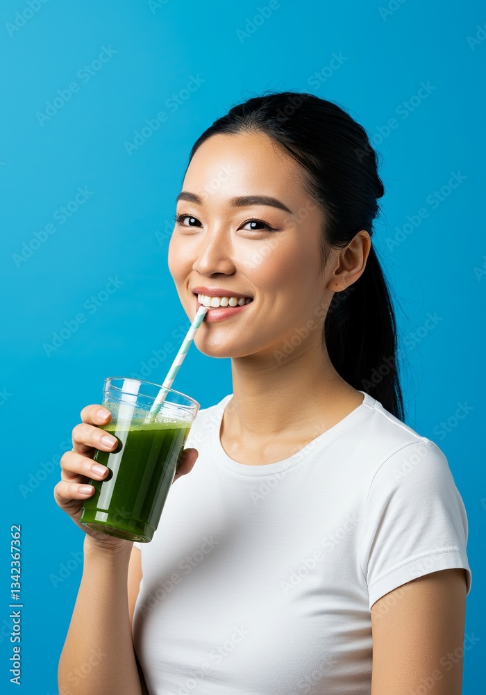 Smiling Woman Enjoying a Refreshing Green Smoothie Against a Vibrant Blue Background Smiling Woman Enjoying a Refreshing Green Smoothie Against a Vibrant Blue Background