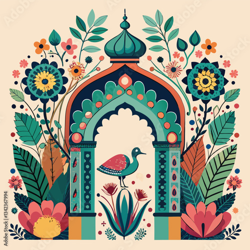 Stunning Islamic Mughal Garden Arch with Peacock and Elaborate Patterns