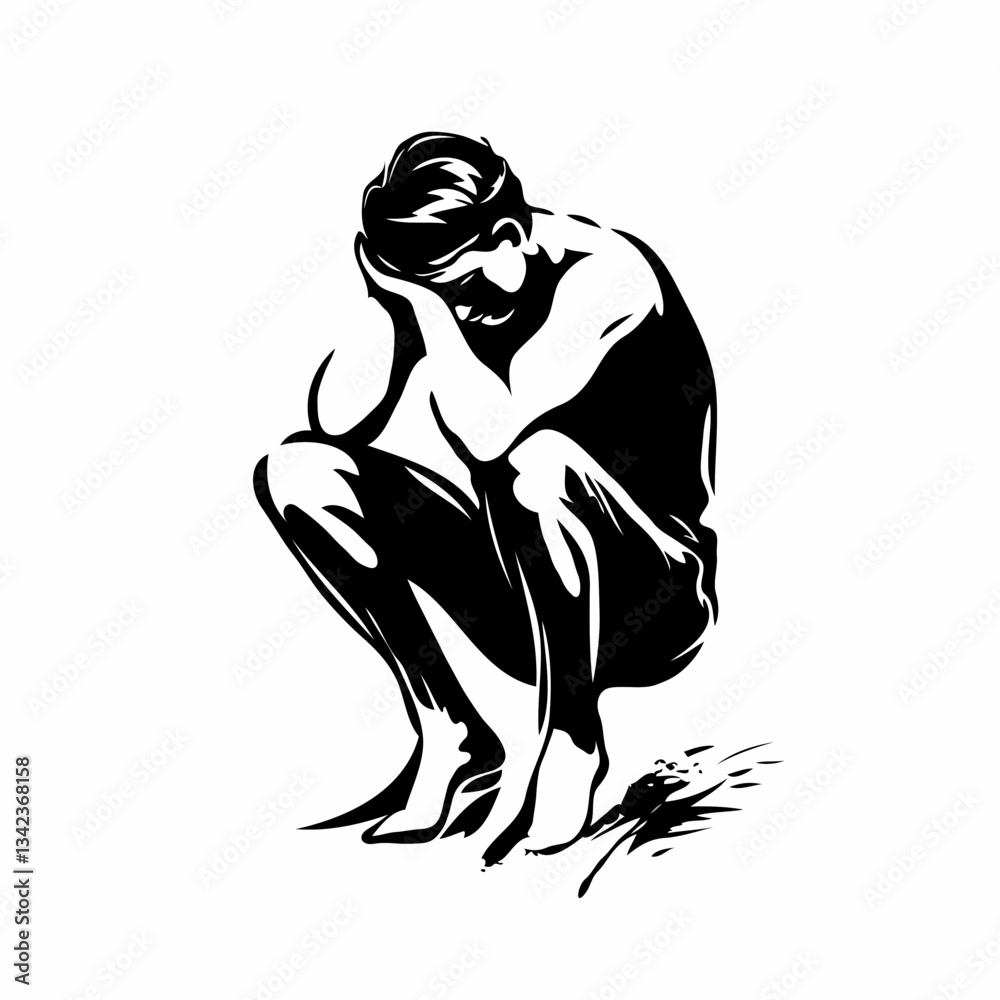 Fototapeta premium Slouched Man Figure Representing Sadness Against White Background
