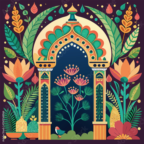 Mughal Archway with Intricate Plants, Peacocks, and Patte Patterns