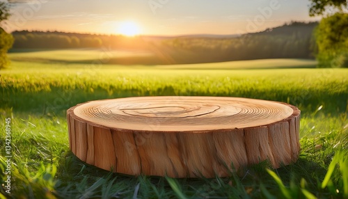 2408 1 a rustic wooden podium made from tree slices stands in the middle of a sunlit farm field surrounded by fresh green grass soft morning sunlight filters through casting a warm glow over the