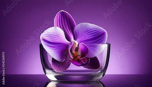 purple orchid in glass close up on purple background
