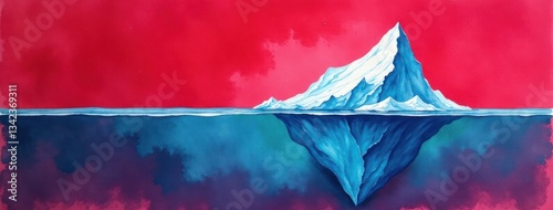 Watercolor Iceberg with Hidden Depth - Blue Red Business Theme Art. Ideal for business analysis reports, strategic planning presentations, risk management consulting, financial marketing materials