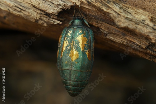 A striking teal and gold beetle pupa hangs from a weathered log, showcasing intricate details and vibrant colors.