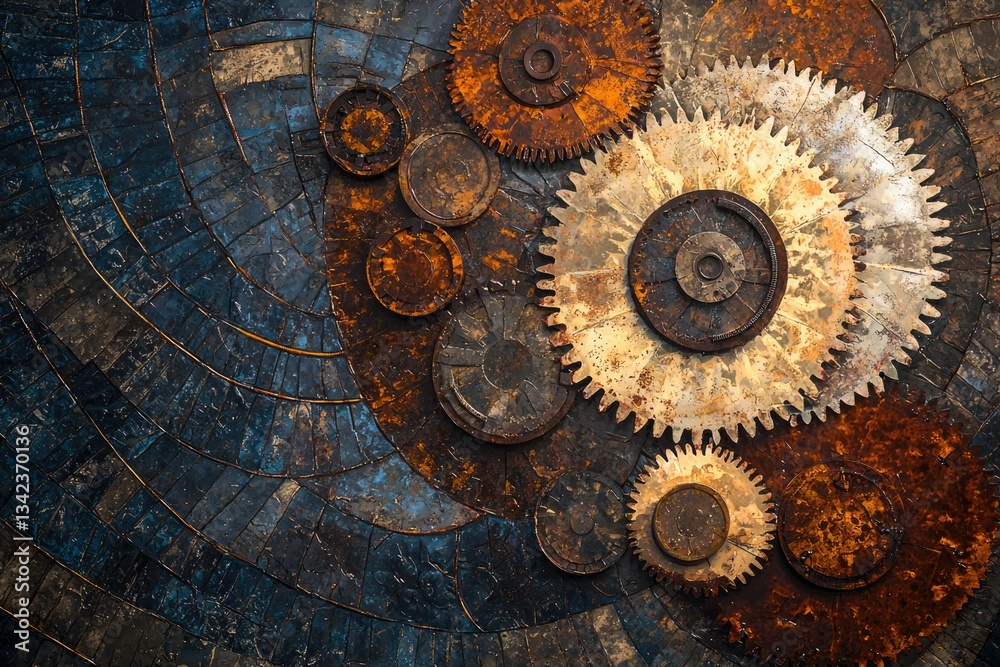 Rustic mosaic artwork featuring interconnected rusty gears, showcasing intricate details and steampunk aesthetics.