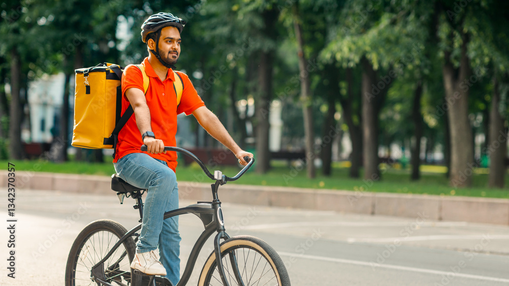 Obraz premium Modern work and delivery on eco transport. Young friendly indian man in uniform, protective gear with backpack riding on bicycle on sidewalk down the street, side view, panorama, empty space, outdoor