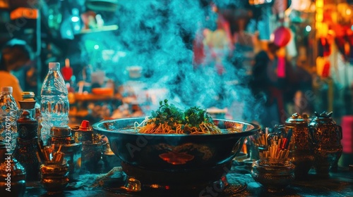 Steaming Bowl Of Food At A Night Market Vendor's Stall At Night Market Event in City Center Plaza with Vibrant Backgrounds With Smoke and Steam Rising from Food in Metal Bowl With Teal, Blue, And