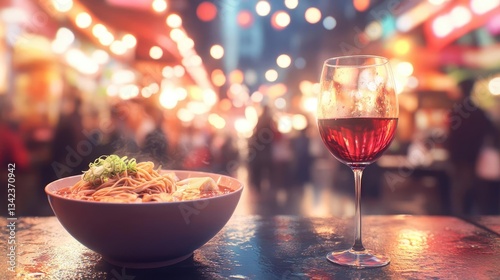 Steaming Noodles And Red Wine At Night Market Food Stalls In A City Center Plaza Area During The Evening Hours For Dinner Or Lunch Or A Date Night Or Casual Night Out With Friends At A Public Place