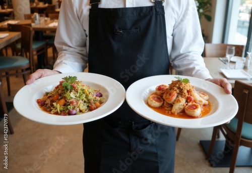A waiter presenting two delicious dishes in a restaurant setting photo