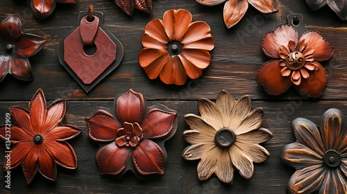 Leather labels designed in the shape of different flowers