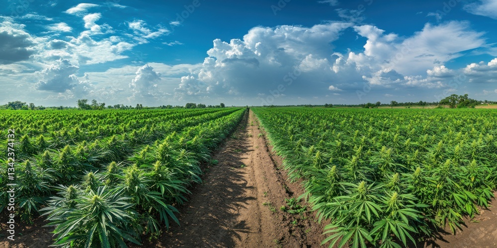 Naklejka premium Vast Hemp Field Under a Summer Sky: A Panoramic View of Agricultural Cannabis Cultivation