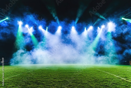 Night stadium scene; bright lights, fog, green field