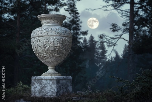 Ornate silver urn rests on marble pedestal in a moonlit forest, serene and mysterious.