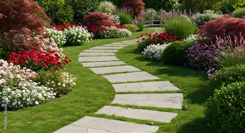 Fototapeta premium A Beautiful Garden Scene Showcasing a Pathway Bordered by Lush, Colorful Flowers