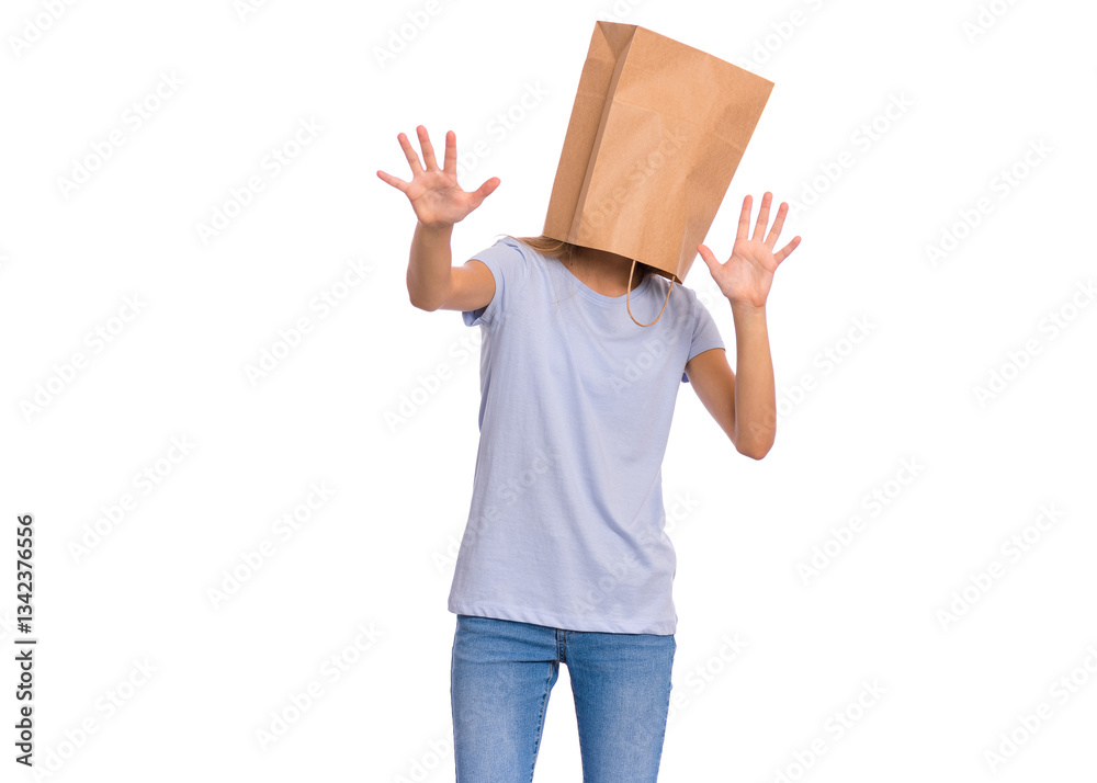 Girl with paper bag over head