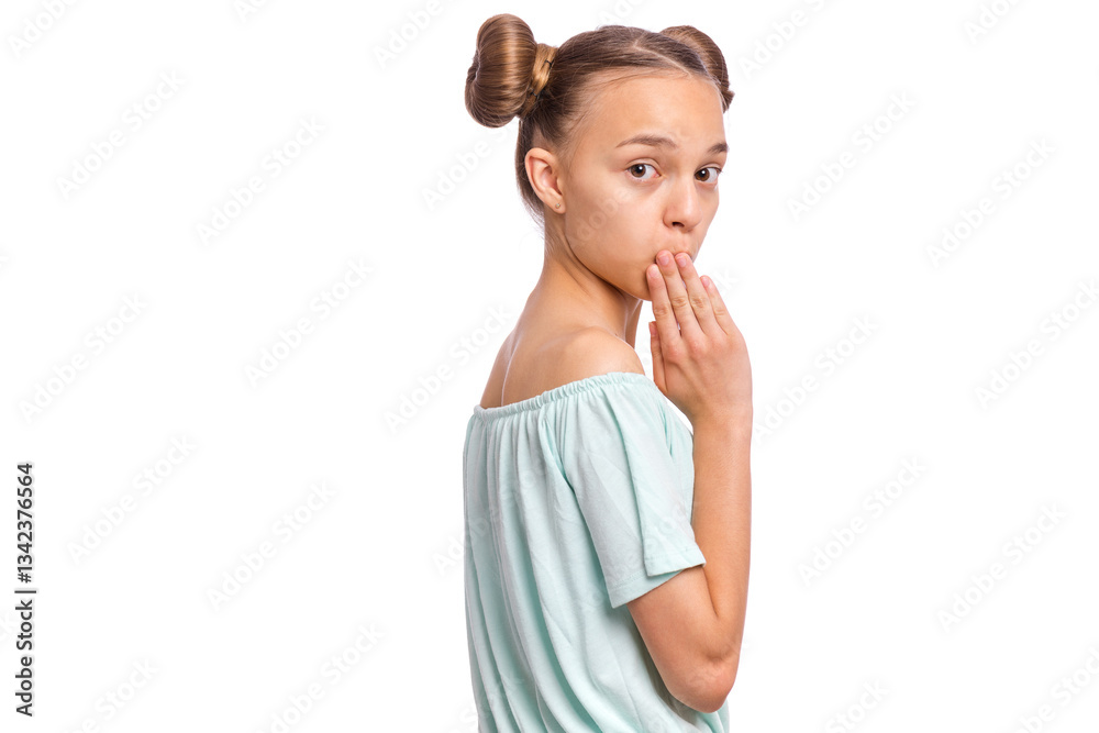 A young girl with two buns looking surprised and covering her mouth against a white background. A young girl with two buns looking surprised and covering her mouth against a white background.