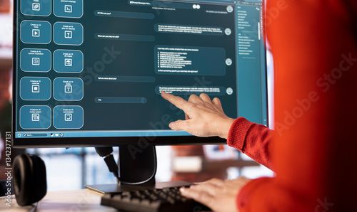 Woman uses AI chatbot system on a computer to guide her through problem solving tasks, futuristic technology highlights smart algorithms and machine learning. Online communication and support.