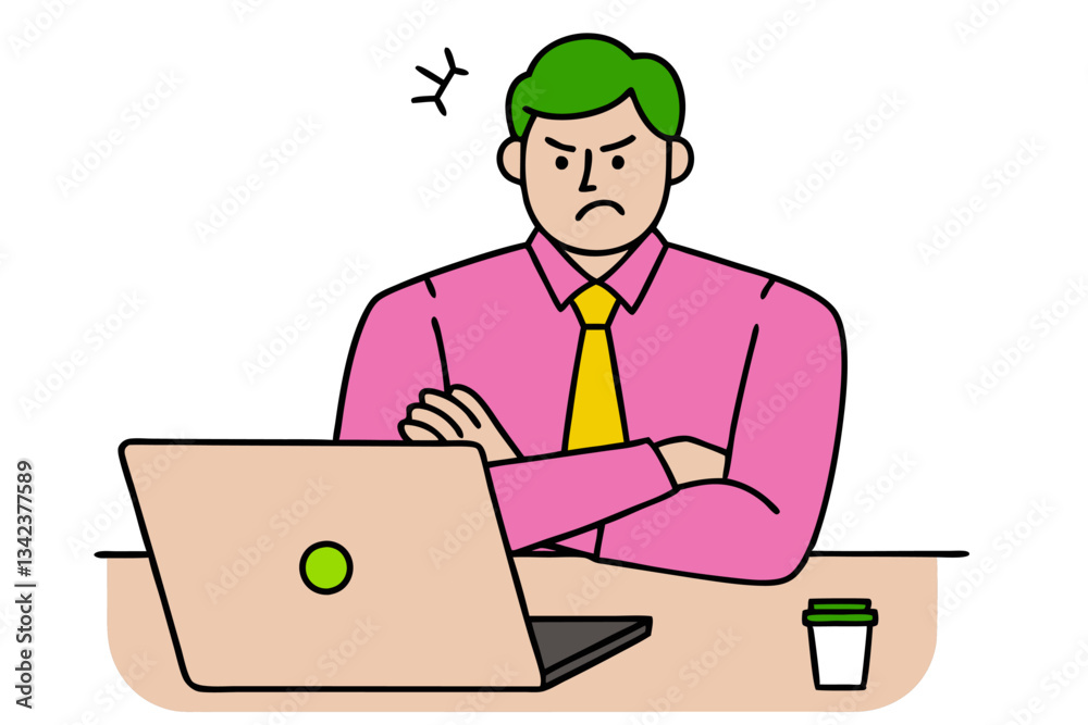 Annoyed Businessman Working At Laptop With Arms Crossed and Coffee Cup on Desk, Feeling Frustrated and Stressed Annoyed Businessman Working At Laptop With Arms Crossed and Coffee Cup on Desk, Feeling Frustrated and Stressed