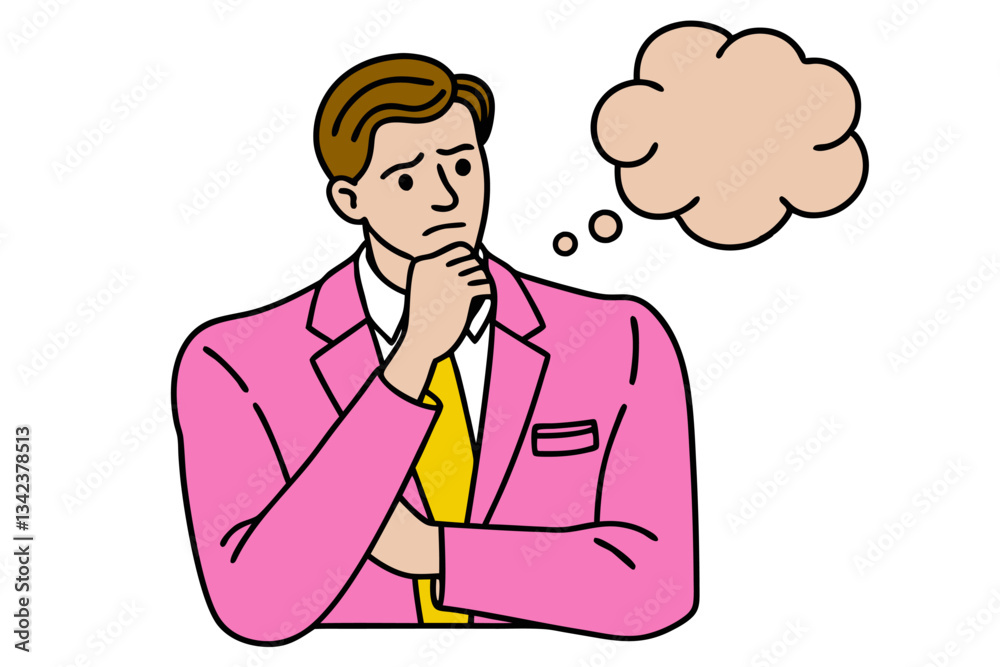 Cartoon Businessman Thinking Hard with Thought Bubble, Pink Blazer, Yellow Tie, Hand on Chin on White Background Cartoon Businessman Thinking Hard with Thought Bubble, Pink Blazer, Yellow Tie, Hand on Chin on White Background