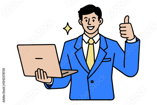 Cartoon Businessman with Laptop, Thumbs Up Success, Efficiency, Satisfaction, Smiling, Happy, Achievement, Confidence, Business, Office, Positive Attitude, Optimism