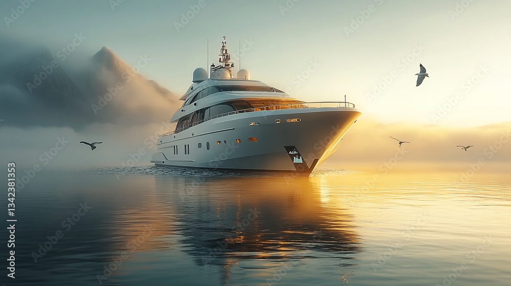 Luxury yacht sailing in calm waters at sunrise Luxury yacht sailing in calm waters at sunrise