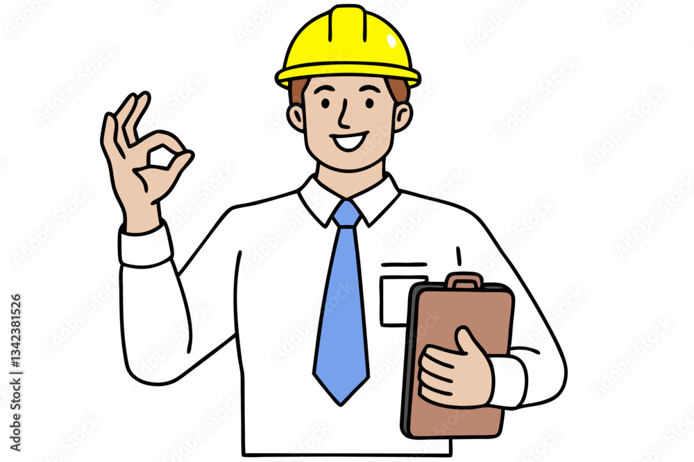 Construction Engineer Showing Okay Sign with Clipboard, Professional Architect Satisfied with Project, Builder Symbolizing Approval on Site Construction Engineer Showing Okay Sign with Clipboard, Professional Architect Satisfied with Project, Builder Symbolizing Approval on Site