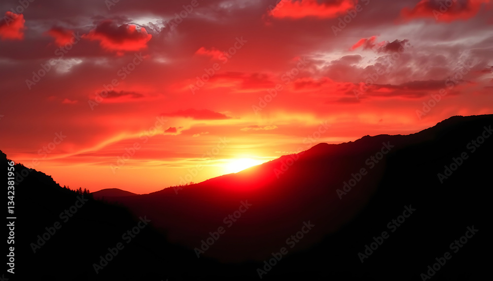 Obraz premium Fiery Sunset Over Majestic Mountains Dramatic Sky Red Hues Nature Landscape