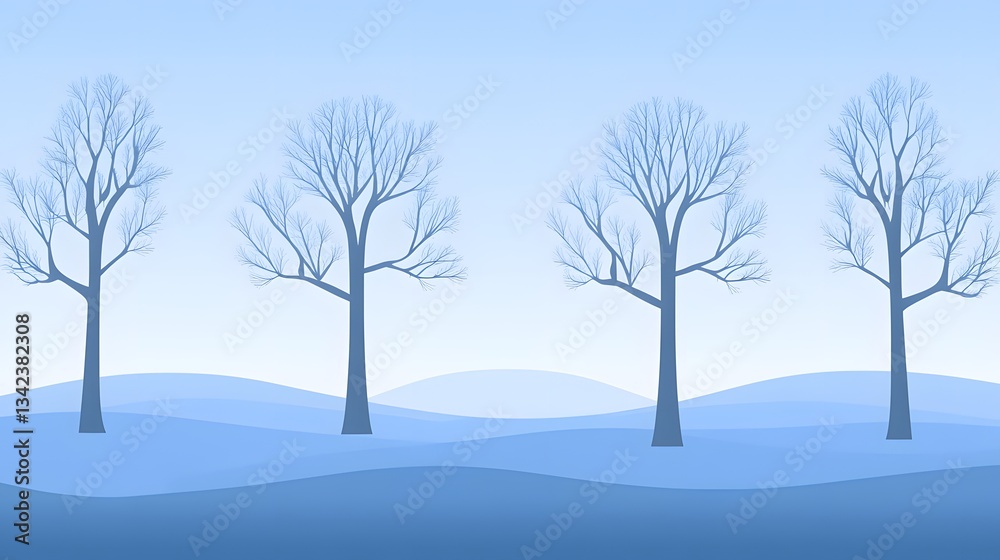 Fototapeta premium Serene Winter Landscape- Three Bare Trees on Blue Hills