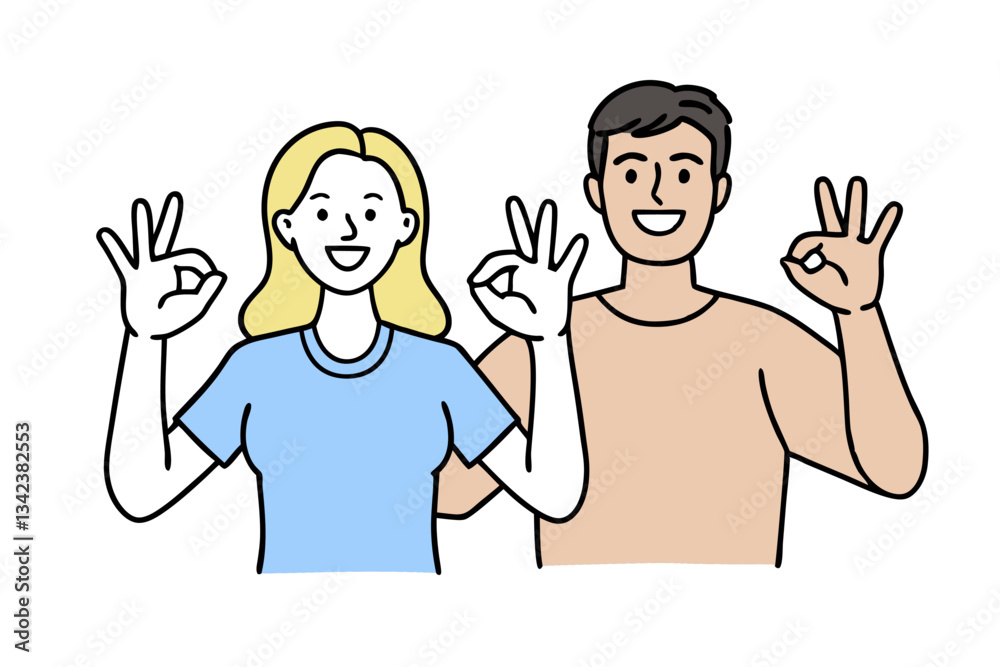 Happy Young Couple Gesturing Okay Sign With Smiling Faces, Representing Success, Approval and Positive Feedback in Minimalist Style