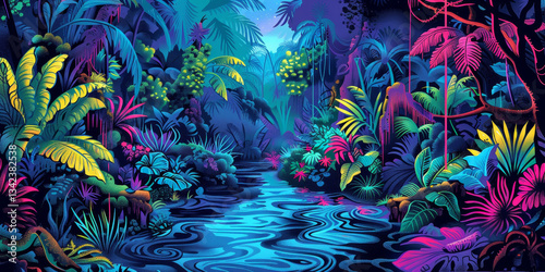 Vibrant digital illustration of a neon-lit jungle with exotic plants, glowing foliage, and a tranquil river, creating a surreal and futuristic nature scene