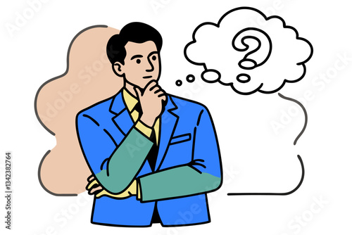 of a Pensive Man with a Question Mark in a Thought Bubble, Depicting ProblemSolving and DecisionMaking
