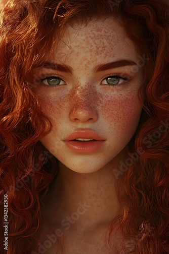 Close up portrait of a girl with curly red hair and freckles