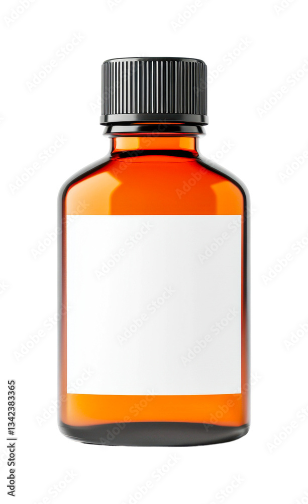 Fototapeta premium Amber glass medicine bottle with blank label and black cap, cut out