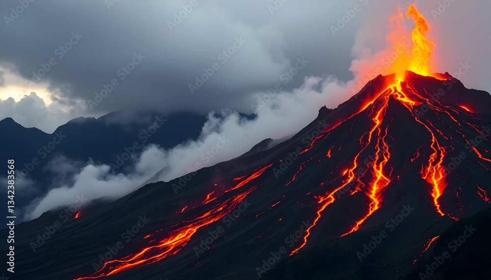 Fototapeta premium Volcano Eruption Fiery Lava Flow Dramatic Nature Scene