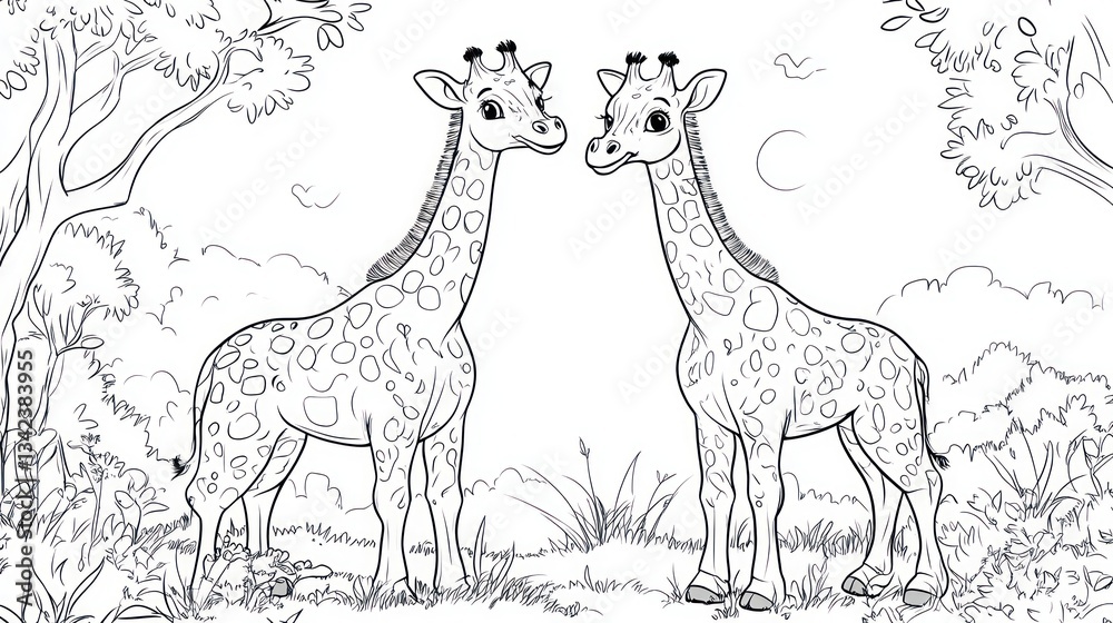 Fototapeta premium Giraffes Savanna Coloring Page Africa Nature