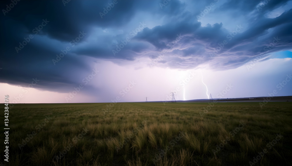 Dramatic Lightning Storm over Flat Green Field Intense Weather Nature Power Dramatic Lightning Storm over Flat Green Field Intense Weather Nature Power