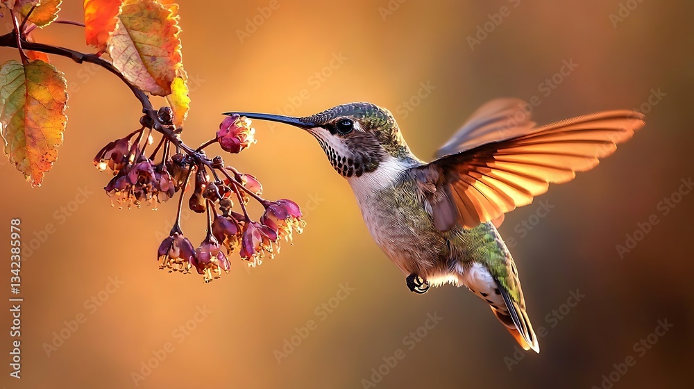 Obraz premium Hummingbird in Flight Feeding on Berries