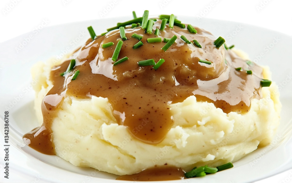A serving of creamy mashed potatoes topped with rich brown gravy and fresh herbs Isolated on transparent background PNG A serving of creamy mashed potatoes topped with rich brown gravy and fresh herbs Isolated on transparent background PNG