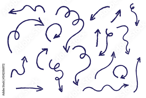 Hand-drawn doodle arrows in various curved, wavy, and looped styles. Chalk, sketch-style navy arrows perfect for directions, infographics, presentations, creative designs, and highlighting elements