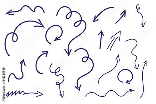 Hand-drawn navy blue arrows collection. Diverse directional elements including curved, wavy, spiral, straight, and zigzag arrows on white background. Perfect for presentations, infographics, flowchart photo