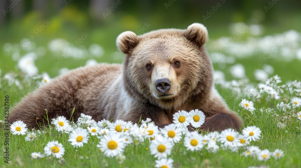 Fototapeta premium Brown bear resting in a field of daisies