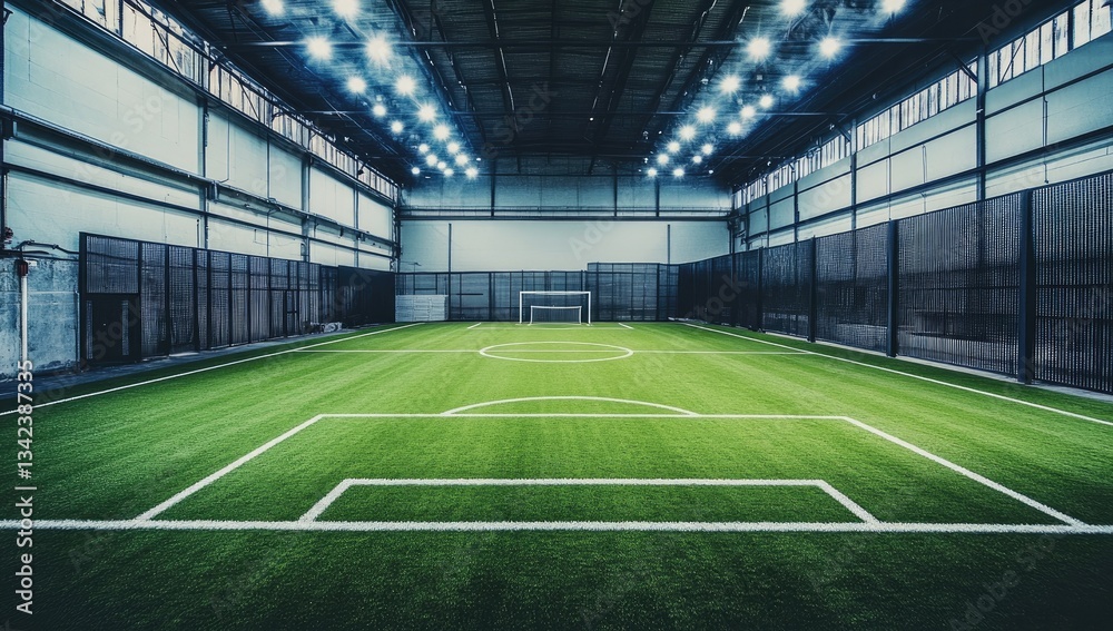 Indoor soccer field with bright lights, green turf, and metal walls Indoor soccer field with bright lights, green turf, and metal walls