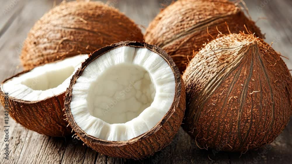 Fresh coconuts arranged artistically on a wooden table with one half cut open to reveal the white interior