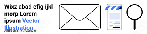 Email envelope, storefront with stripe awning, and magnifying glass representing email communication, e-commerce, online search. Ideal for email marketing, e-commerce, search tools, business