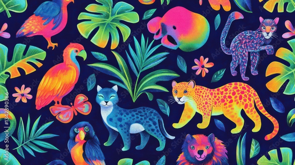 Fototapeta premium Vibrant Jungle Animals Pattern Background