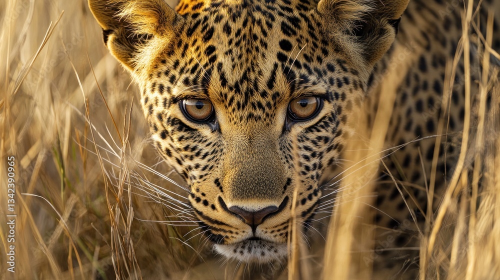 Obraz premium Captivating gaze of a leopard, perfectly camouflaged in the African savanna grasslands